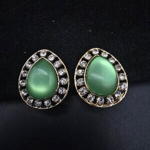 Green Moon Glow Rhinestone Clip On Earrings Tear Drop Vintage Jewelry
